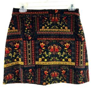 H&M COACHELLA Velvet Skirt Womens 6 Black Floral A-Line Velour EUC Boho Pattern